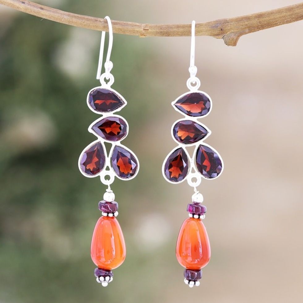 Sterling Silver Dangle Earrings with Garnet and Carnelian 'Exotic Allure'