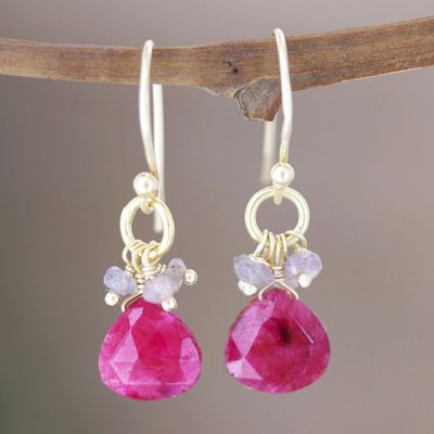 Alternate image for Pink Quartz Earrings with 22k Gold Plated Hooks Brilliant Cluster