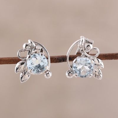 Alternate image for Rhodium Plated Blue Topaz Stud Earrings from India Leafy Glisten