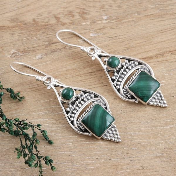 Alternate image for Malachite Cabochon and Sterling Silver Dangle Earrings Green Ocean