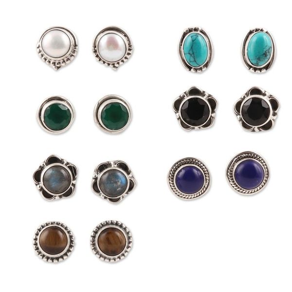 Alternate image for Gemstone Stud Earrings from India Set of 7 Everyday Pairs