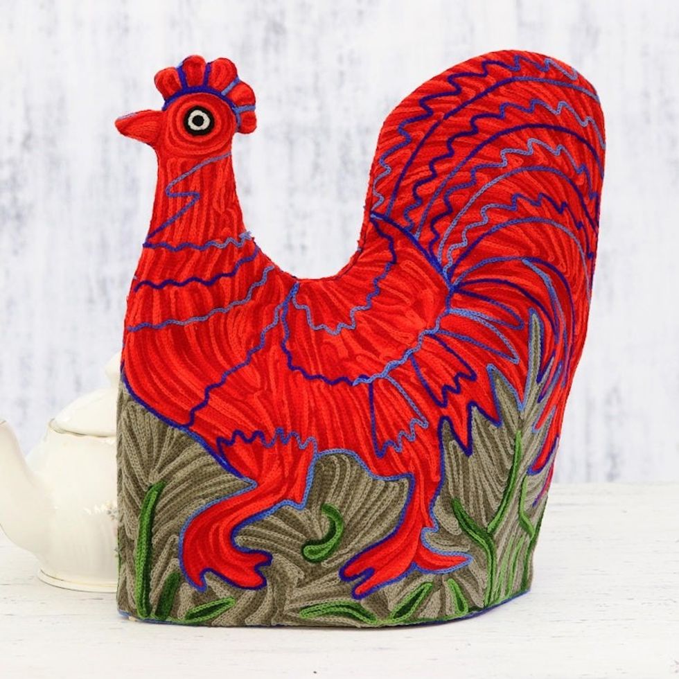 Indian Chain Stitched Wool and Cotton Red Rooster Tea Cozy 'Morning Rooster'