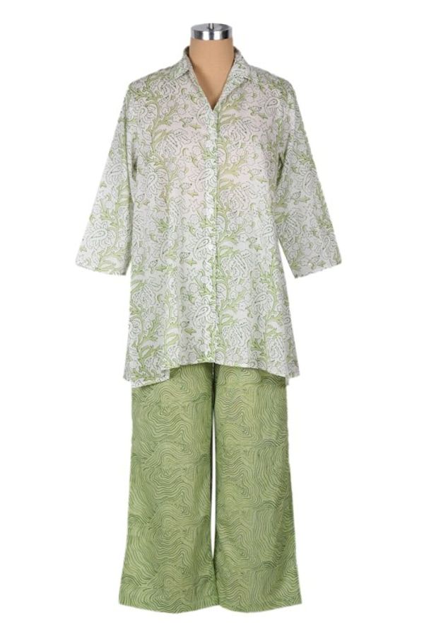 Alternate image for Paisley and Faux-Bois Printed Cotton Pajama Set in Green Spring Paisley