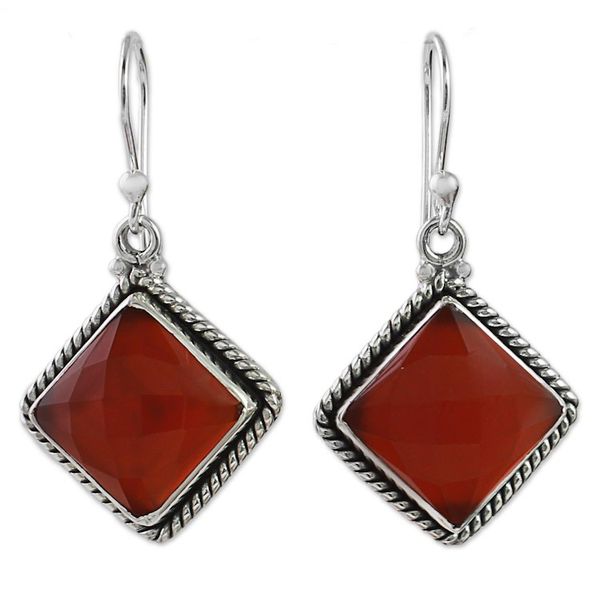 Alternate image for Carnelian and Sterling Silver Diamond-Shaped Dangle Earrings Fiery Kite