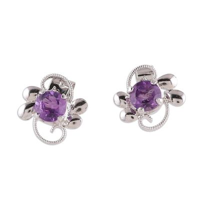 Alternate image for Rhodium Plated Amethyst Stud Earrings from India Glittering Purple Charm