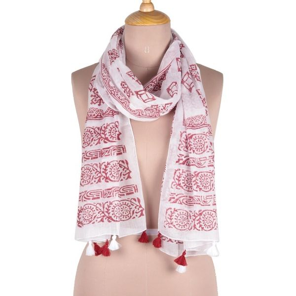 Alternate image for Cotton Scarf with Burgundy Block Print Motifs from India Burgundy Bliss
