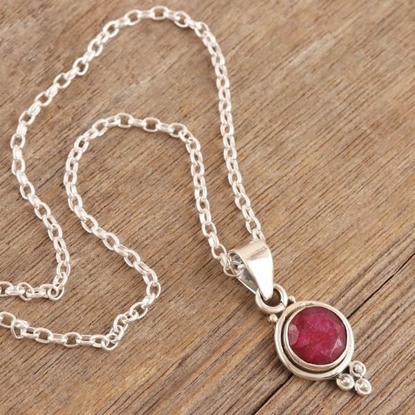 Alternate image for Hand Crafted Ruby and Sterling Silver Pendant Necklace Air Bubble in Pink