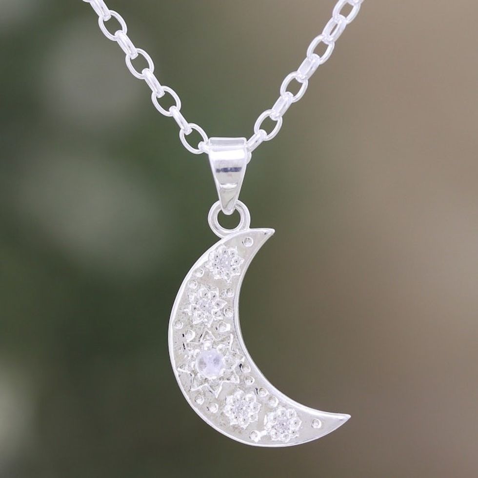 Cubic Zirconia and Rainbow Moonstone Pendant Necklace 'Flower Moon'