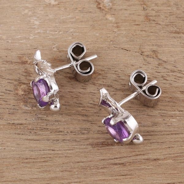 Alternate image for Leafy Rhodium Plated Amethyst Stud Earrings from India Nature Leaf