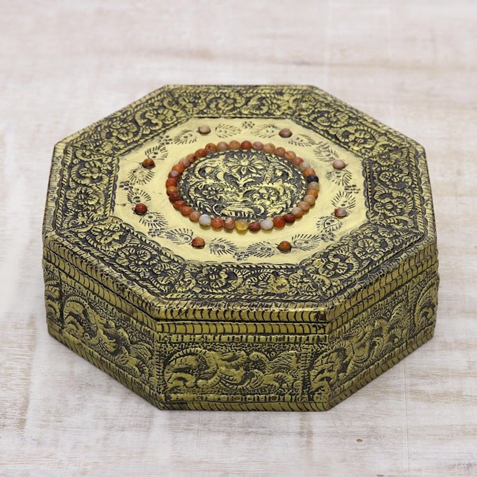 Hand Crafted Repousse Brass Jewelry Box 'Golden Treasures'