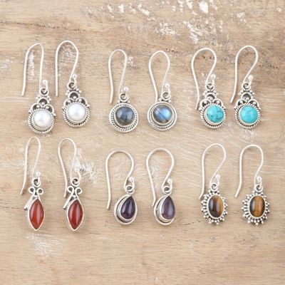 Alternate image for Set of 6 Sterling Silver Gemstone Dangle Earrings from India Everyday Gems