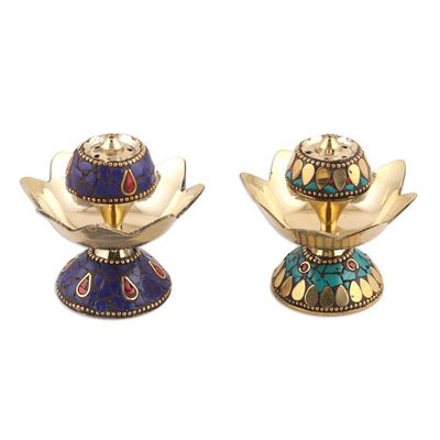 Alternate image for Brass Lotus-Themed Incense Holders Pair Fragrant Petals