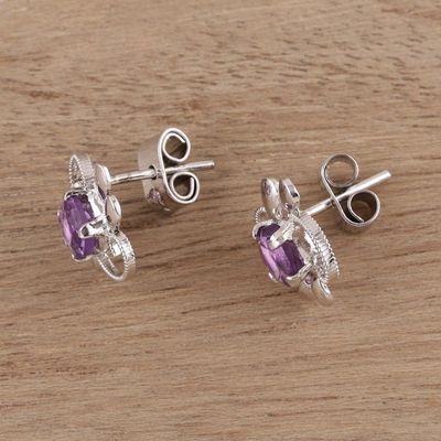 Alternate image for Rhodium Plated Amethyst Stud Earrings from India Glittering Purple Charm