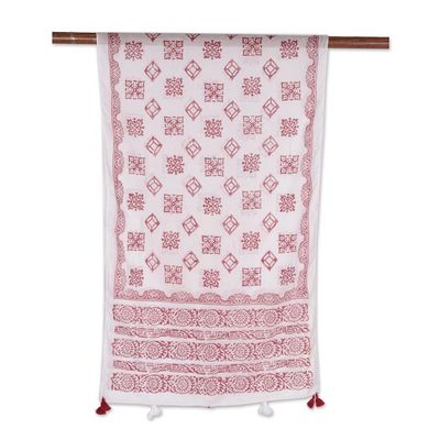Alternate image for Cotton Scarf with Burgundy Block Print Motifs from India Burgundy Bliss