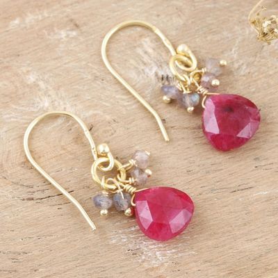 Alternate image for Pink Quartz Earrings with 22k Gold Plated Hooks Brilliant Cluster