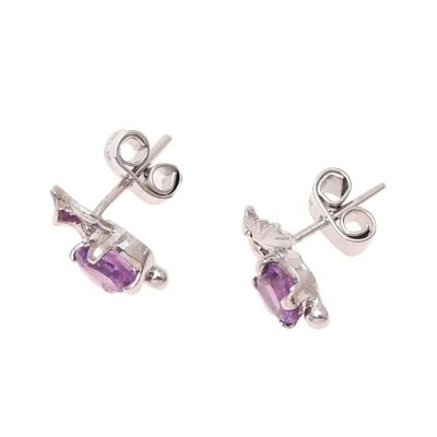 Alternate image for Leafy Rhodium Plated Amethyst Stud Earrings from India Nature Leaf