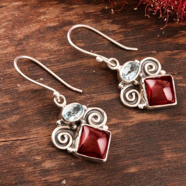 Alternate image for Garnet and Blue Topaz Dangle Earrings Rainbow Fragments