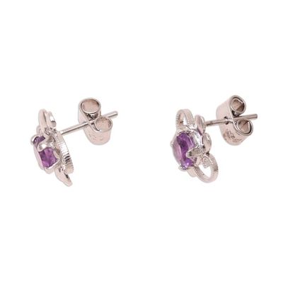 Alternate image for Rhodium Plated Amethyst Stud Earrings from India Glittering Purple Charm