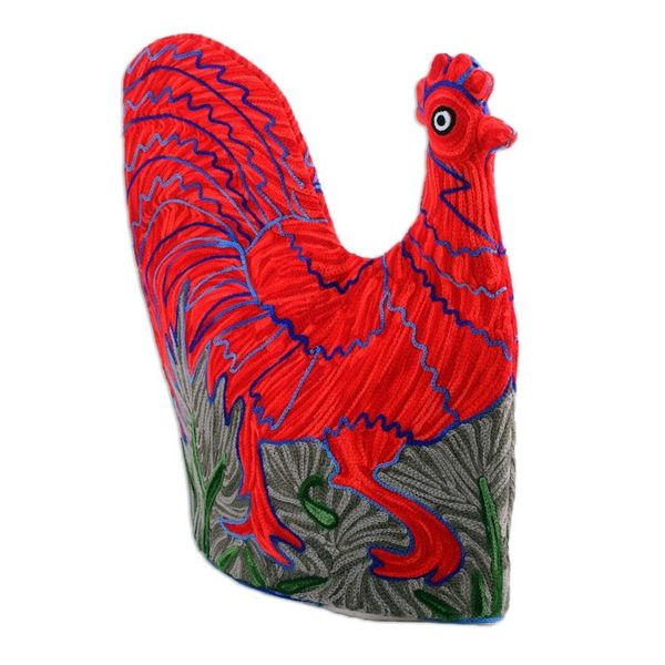 Alternate image for Indian Chain Stitched Wool and Cotton Red Rooster Tea Cozy Morning Rooster