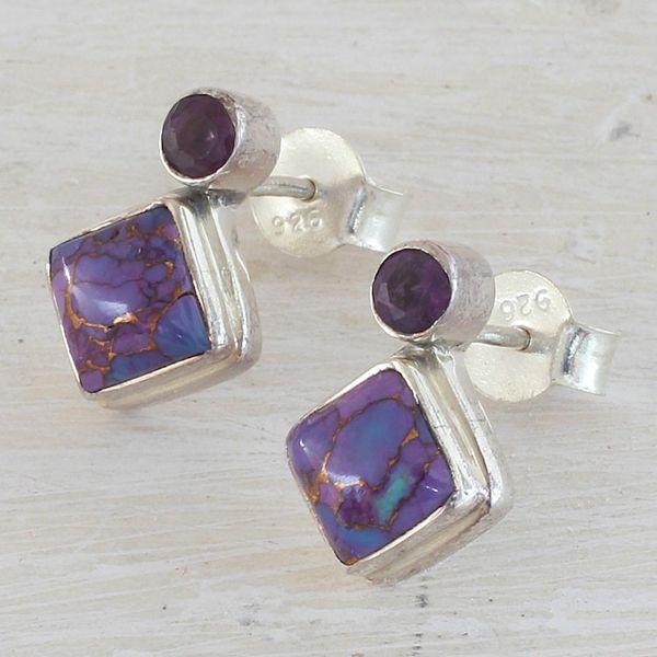 Alternate image for Indian Amethyst Earrings with Composite Purple Turquoise Purple Sparkle