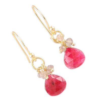 Alternate image for Pink Quartz Earrings with 22k Gold Plated Hooks Brilliant Cluster