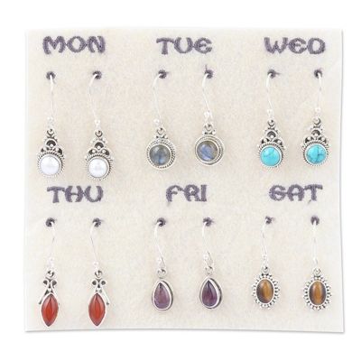 Alternate image for Set of 6 Sterling Silver Gemstone Dangle Earrings from India Everyday Gems