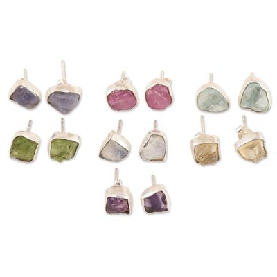Alternate image for Set of 7 Gemstone Stud Earrings Crafted in India Yoga Delight