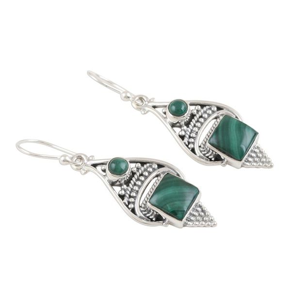 Alternate image for Malachite Cabochon and Sterling Silver Dangle Earrings Green Ocean