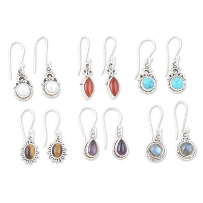Alternate image for Set of 6 Sterling Silver Gemstone Dangle Earrings from India Everyday Gems