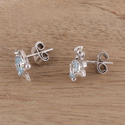 Alternate image for Rhodium Plated Blue Topaz Stud Earrings from India Leafy Glisten