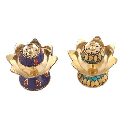 Alternate image for Brass Lotus-Themed Incense Holders Pair Fragrant Petals