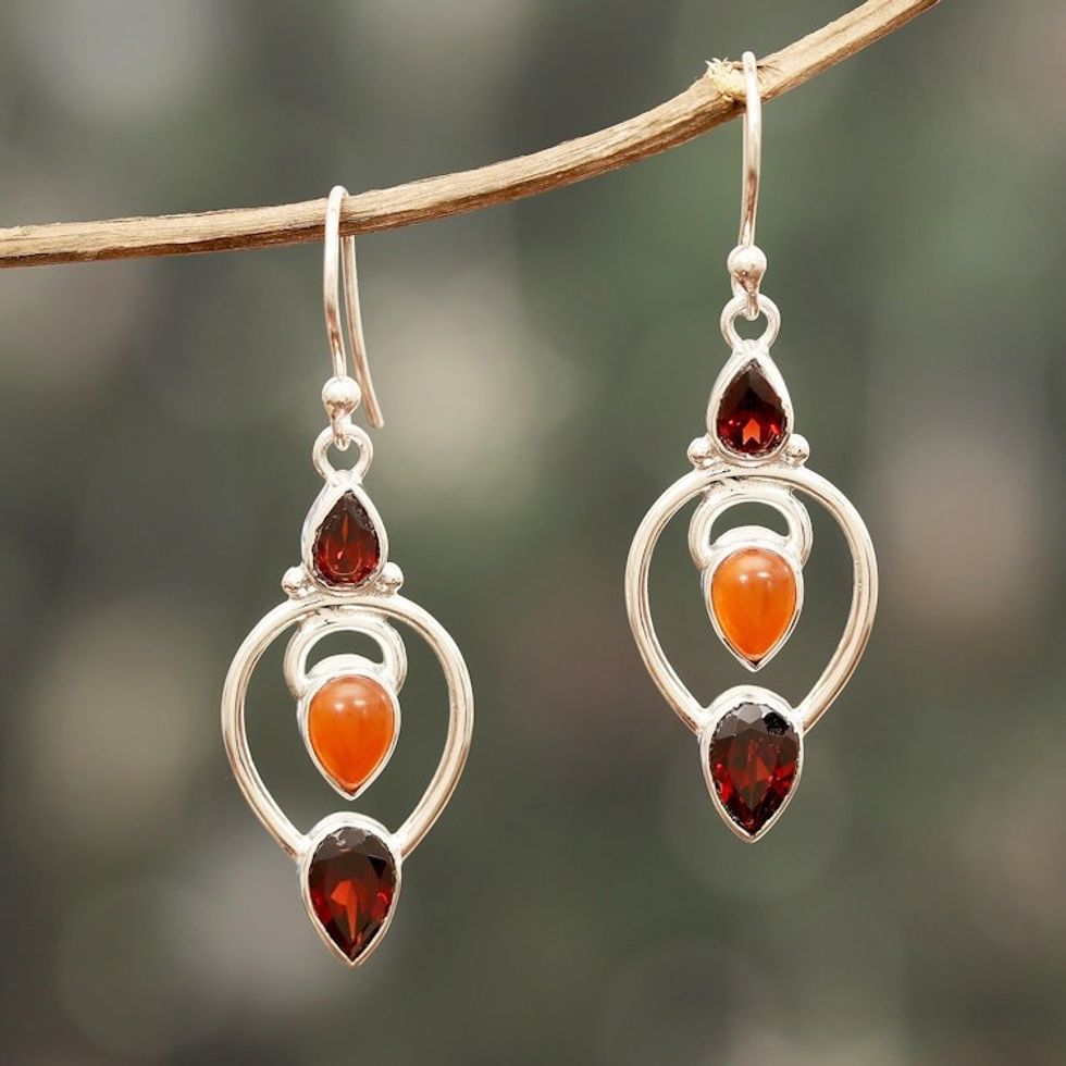 3-Carat Carnelian and Garnet Dangle Earrings from India 'Devoted Fusion'