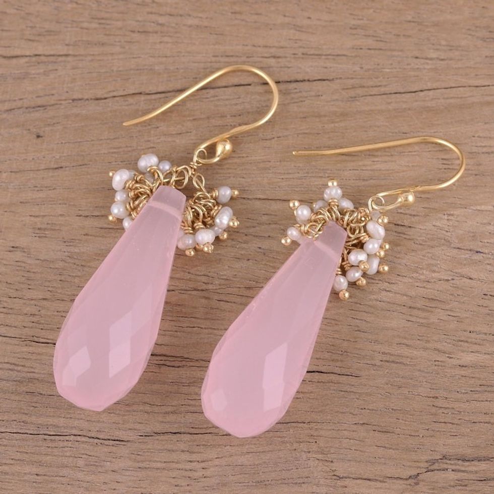 Handmade 22k Gold Plated Rose Quartz Cultured Pearl Earrings 'Devoted Rose'