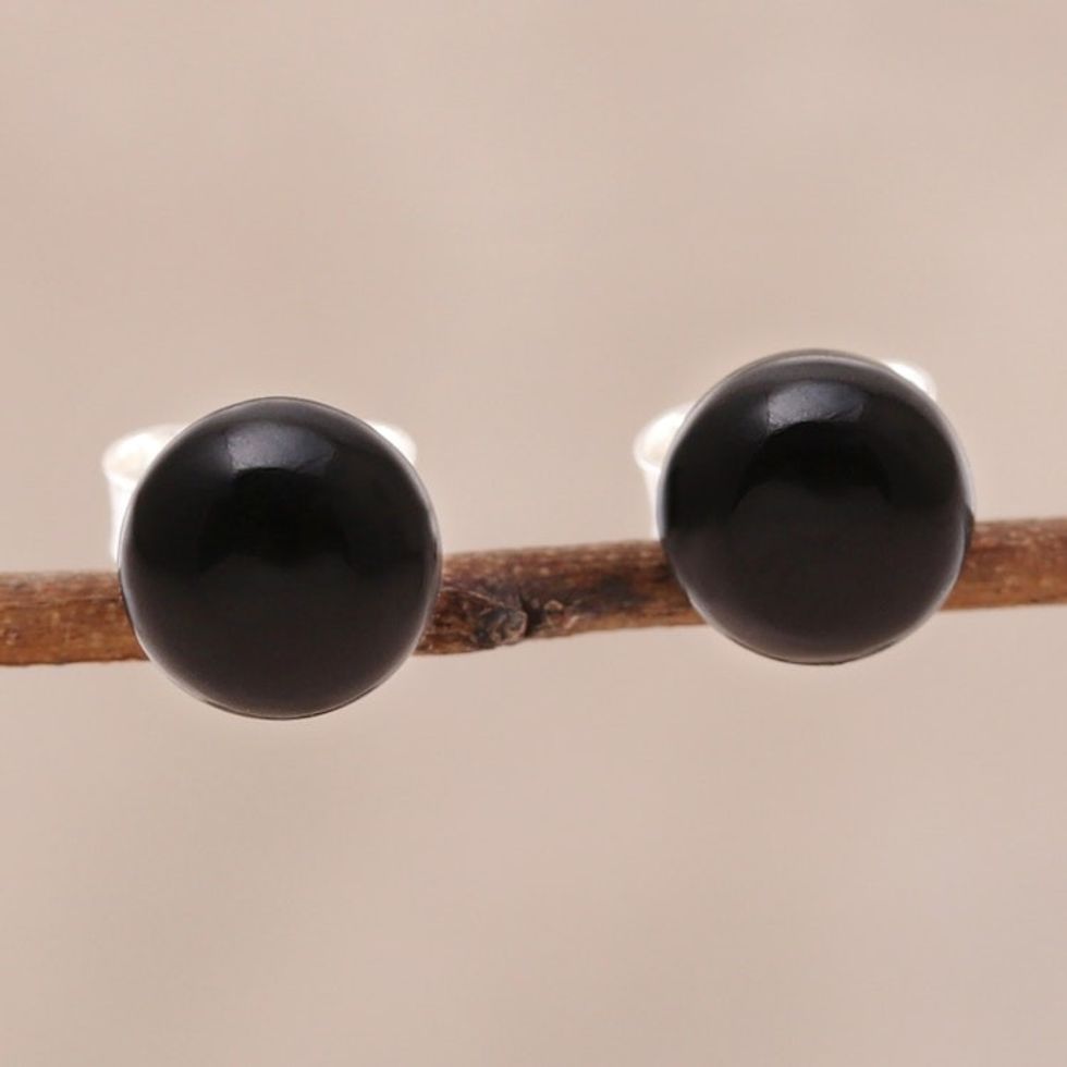 Round Black Onyx Stud Earrings from India 'Gemstone Orbs'