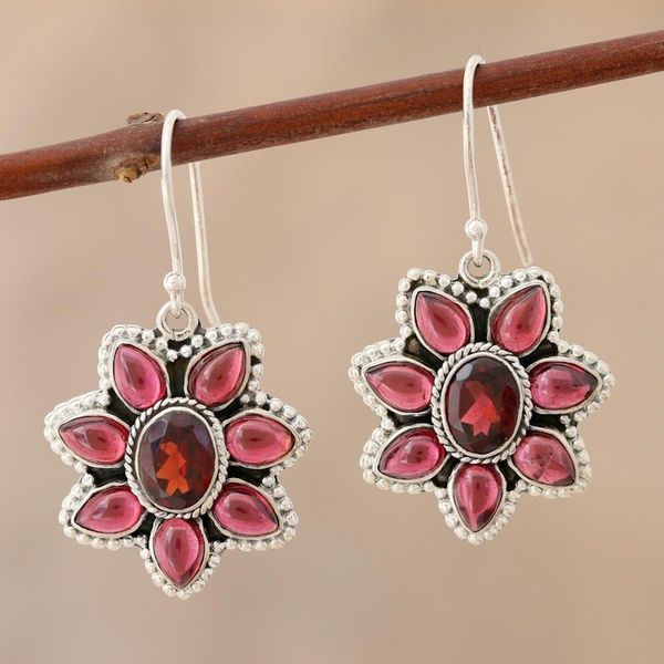Alternate image for Garnet Flower-Shaped Dangle Earrings Camellia Blossoms