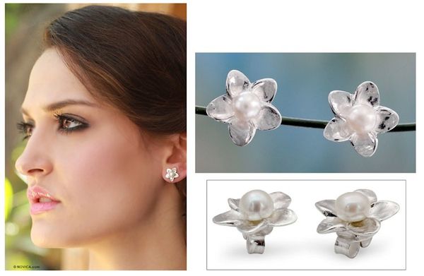 Alternate image for Pearl Bridal Jewelry Sterling Silver Earrings White Jasmine