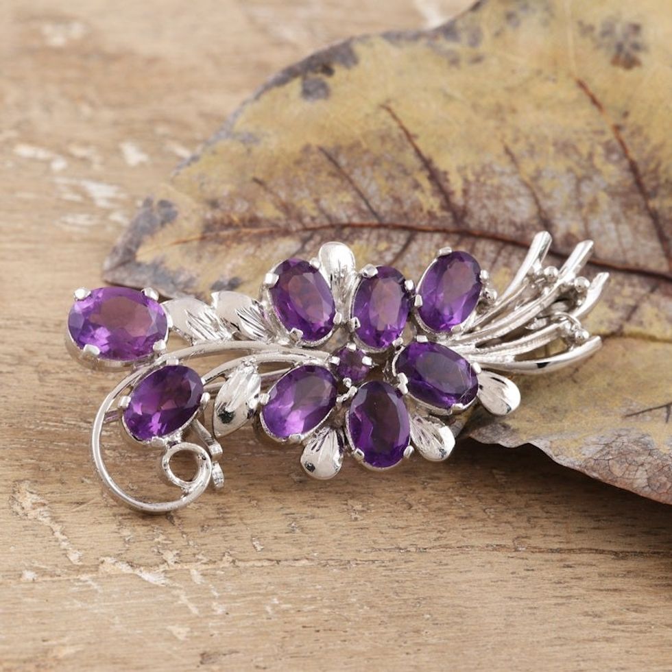 Purple Bouquet Amethyst Rhodium Plated Silver Brooch 'Purple Bouquet'