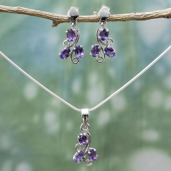Alternate image for Fair Trade Amethyst Necklace and Earrings Jewelry Set  Mystical Blooms