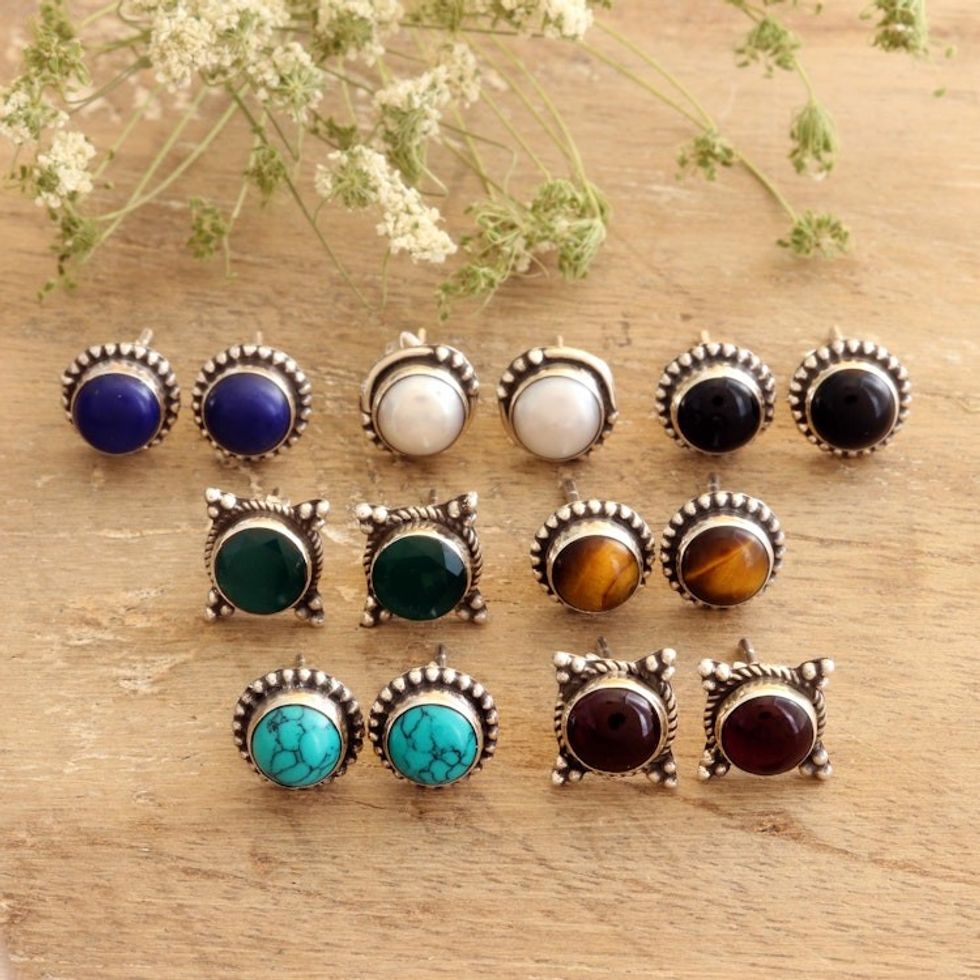 Handmade Multi-Gemstone Stud Earrings Set of 7 'Everyday Looks'