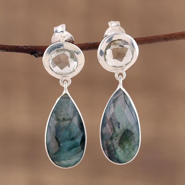 Alternate image for Labradorite and Prasiolite Post Dangle Earrings Lucid Shadows
