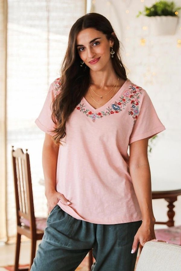 Alternate image for Embroidered Pink Cotton T-Shirt from India Spring Glee in Petal Pink
