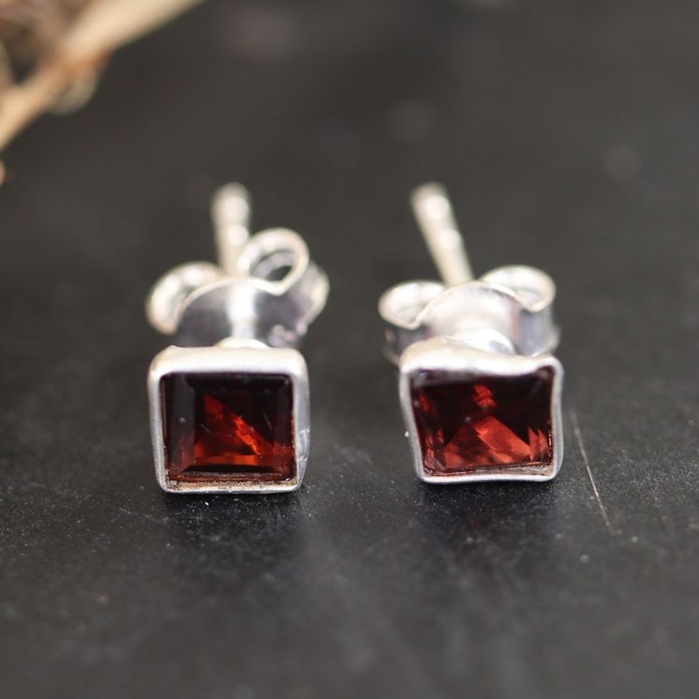 Sterling Silver Stud Earrings with Garnet Gemstone 'Subtle Sophistication'