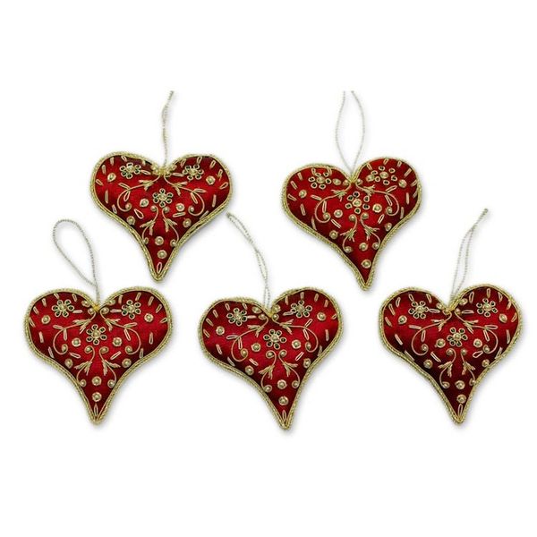 Alternate image for Red Hand Crafted Beaded Heart Ornaments Set of 5 Burgundy Heart