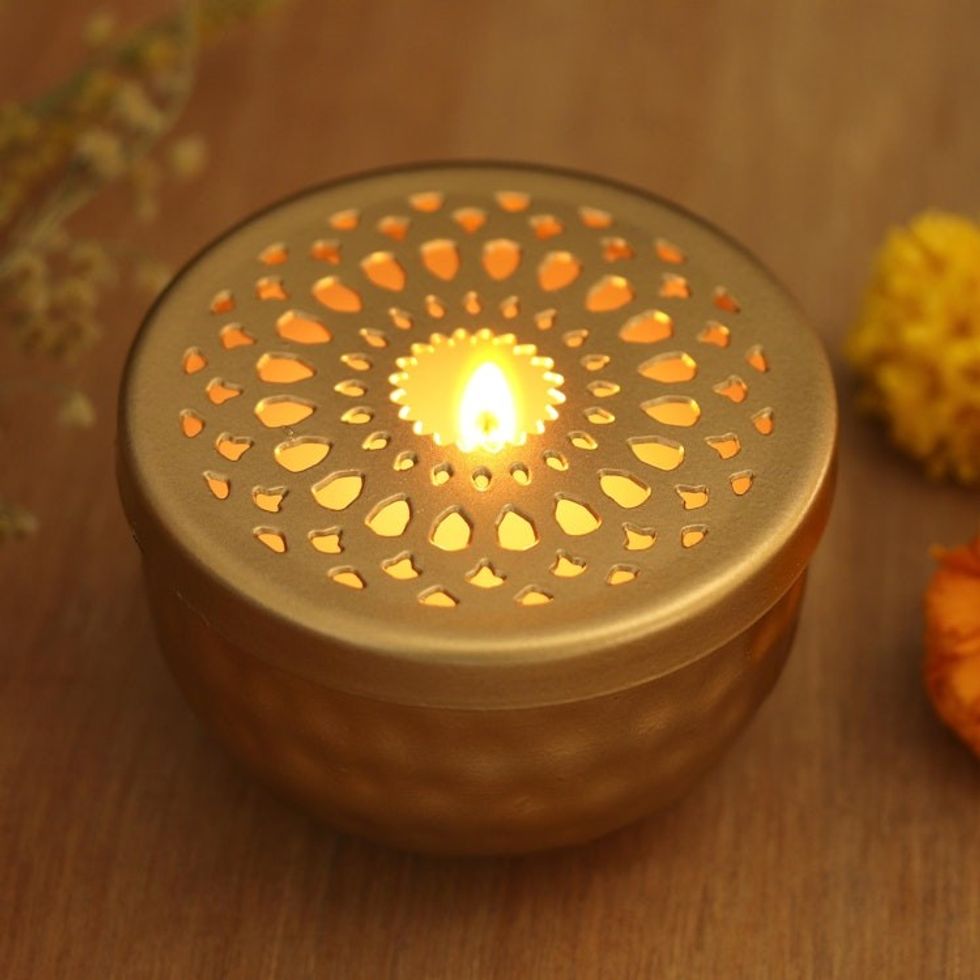 Gold Finish Tealight Candle and Holder with Jali Cutouts 'Dancing Light'