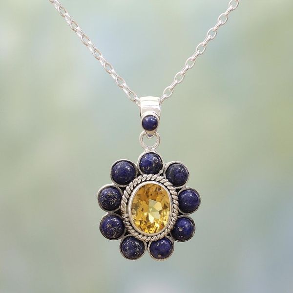 Alternate image for Citrine Lapiz Lazuli Sterling Silver Necklace NOVICA India Sunny Blue