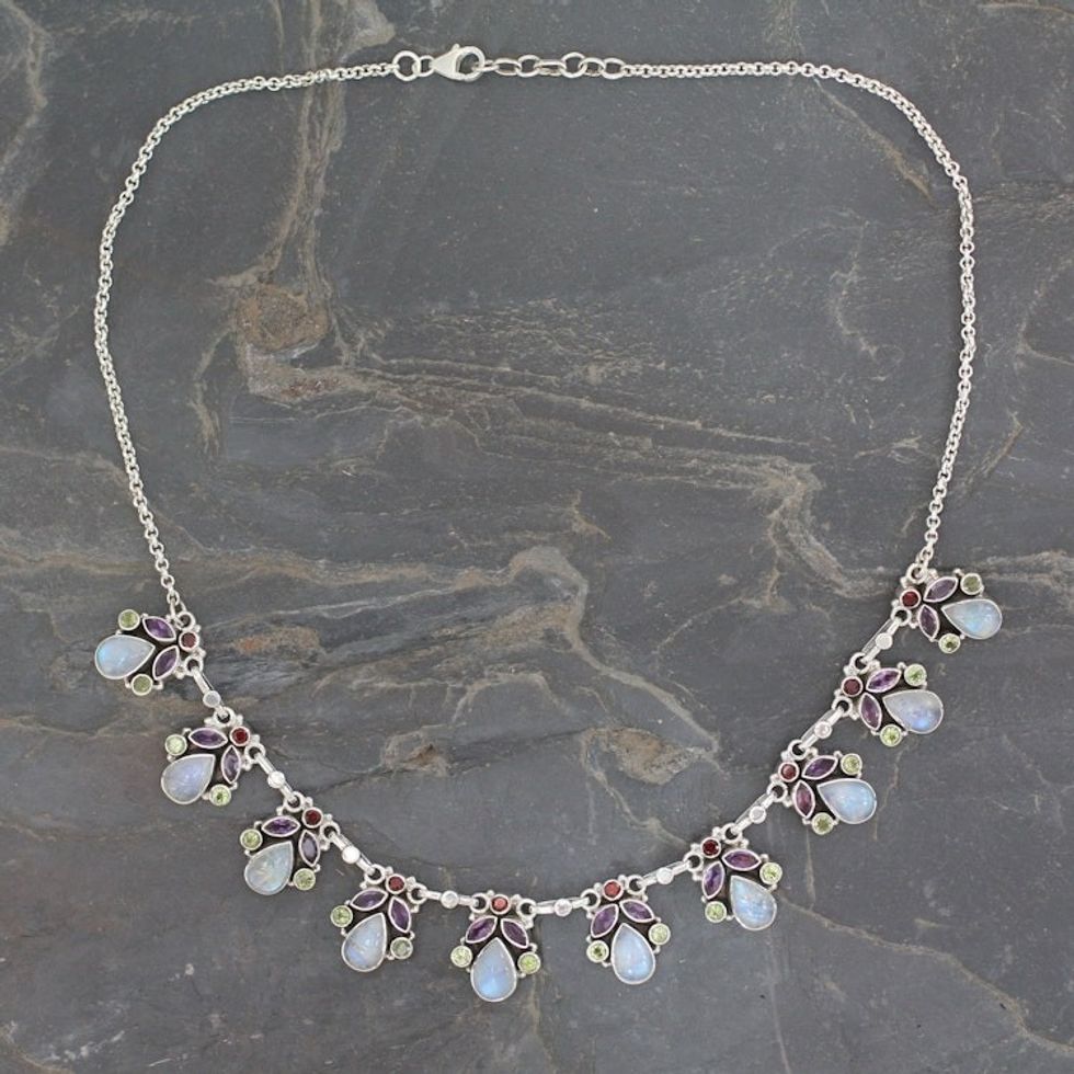 Hand Made Natural Gems and Sterling Silver Necklace 'Delhi Dynasty'