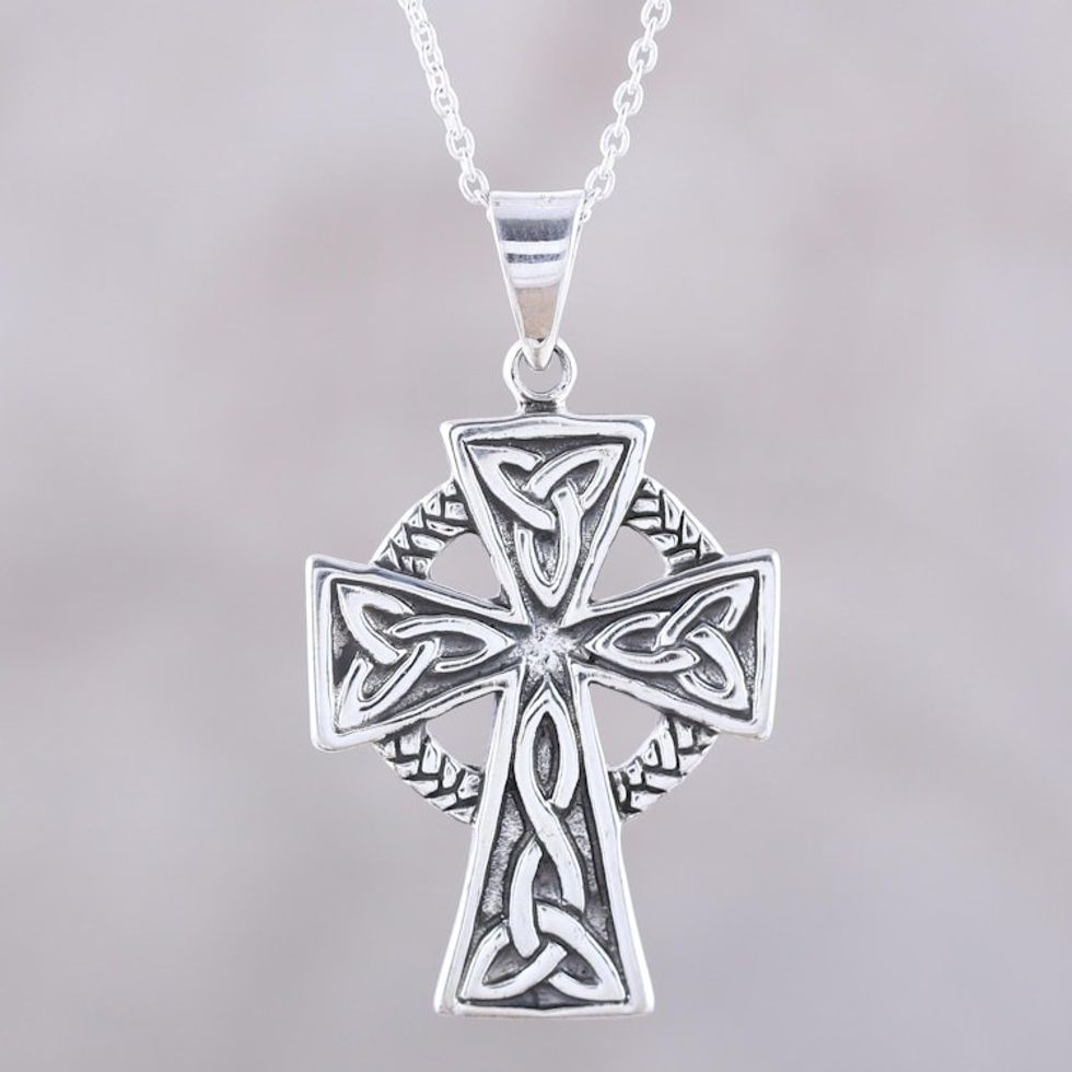 Celtic Cross Sterling Silver Pendant Necklace from India 'Celtic Faith'