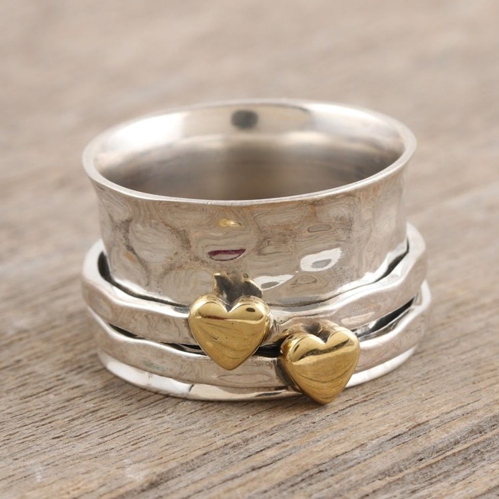 Sterling Silver and Brass Meditation Spinner Ring from India 'Twin Hearts'