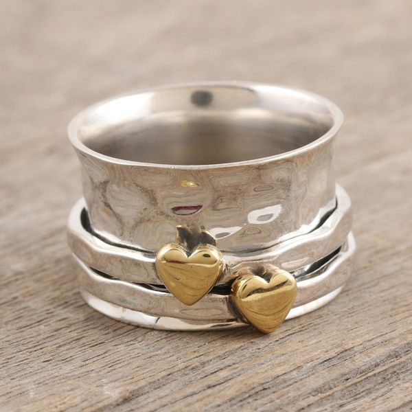 Alternate image for Sterling Silver and Brass Meditation Spinner Ring from India Twin Hearts
