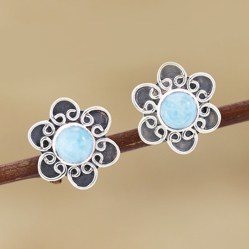 Larimar and Sterling Silver Flower Button Earrings 'Blossom in Blue'